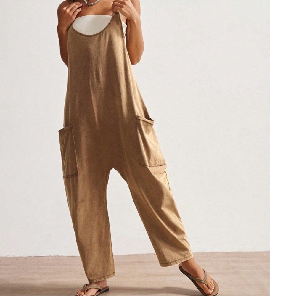 Bohemian Solid Camel Pockets Cami Jumpsuit XS S M L